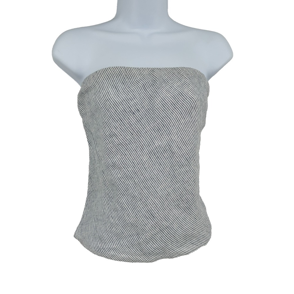 Quince 100% European Linen Strapless Top Womens M Coastal Cottage Blue Stripe